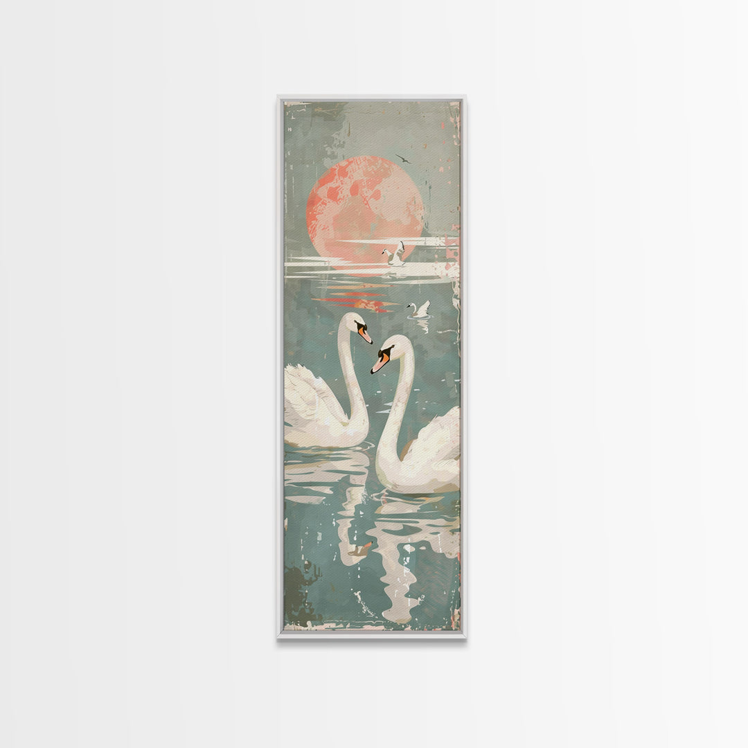 Graceful Swans With Peaceful Lake And Reflecting Sun Ukiyo-e Wood Block Skinny Tall Japanese Style Art Framed Canvas Print