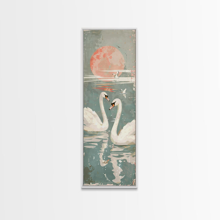 Graceful Swans With Peaceful Lake And Reflecting Sun Ukiyo-e Wood Block Skinny Tall Japanese Style Art Framed Canvas Print