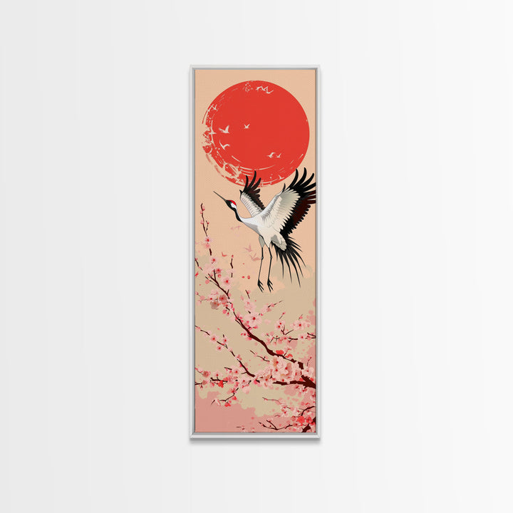 Elegant Crane Bird In Mid-flight Against Bold Red Sun Ukiyo-e Tall Skinny Wood Block Framed Canvas Print Japanese Style Art