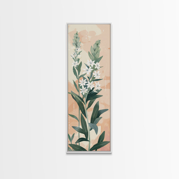 Elegant White Flowers On Tall Stems With Soft Background For Modern Wall Art Decor Ukiyo-e Japanese Style Art Framed Canvas Print