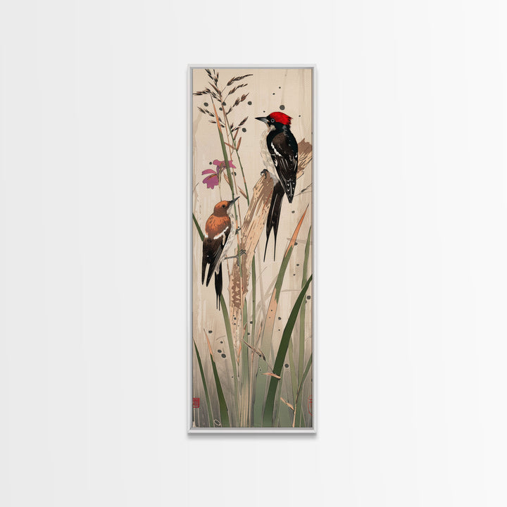 Detailed Woodpeckers Perched On Stems Amid Nature For Rustic Wall Art Ukiyo-e Japanese Style Art Skinny Framed Canvas Print