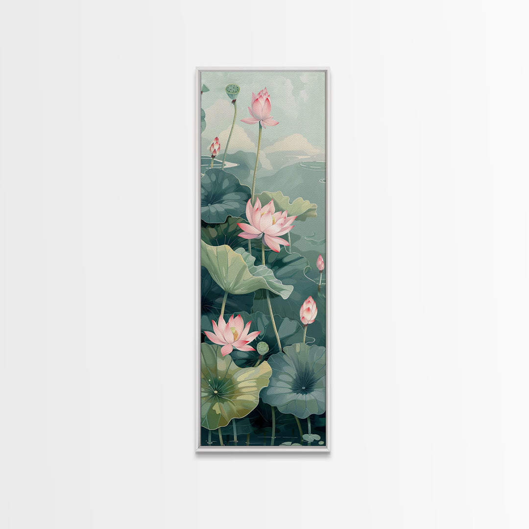 Tranquil Lotus Flowers And Large Green Leaves In Pond For Calming Nature Wall Art Ukiyo-e Japanese Style Art Canvas Print