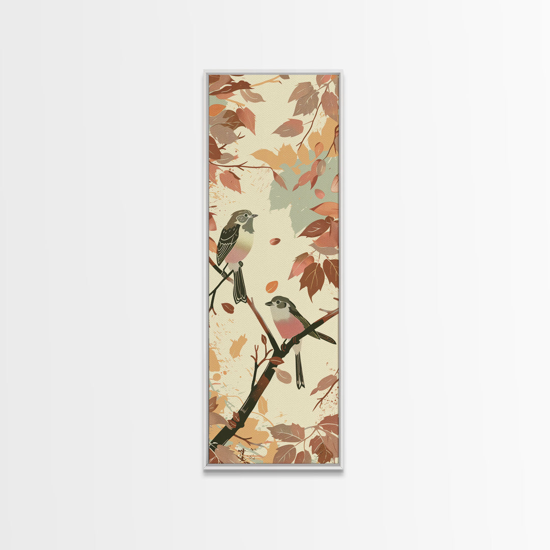 Charming Small Birds On Autumn Branches For Cozy Fall-Themed Wall Art Japanese Style Framed Canvas Print