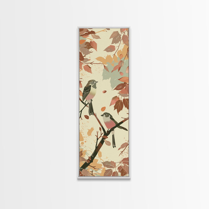 Charming Small Birds On Autumn Branches For Cozy Fall-Themed Wall Art Japanese Style Framed Canvas Print