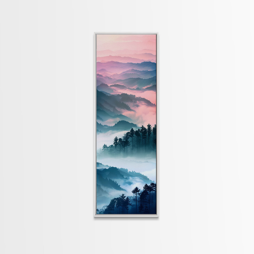 Dreamy Layers Of Misty Mountains At Dawn – Framed Canvas Print Skinny Art And Tall Art, Emphasizing Ukiyo-E Art And Japanese Style Art