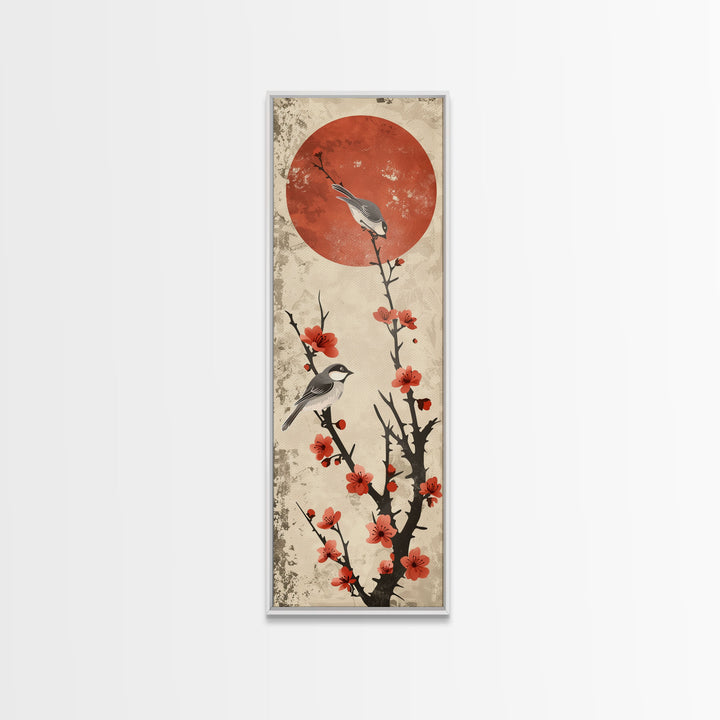Delicate Birds Perched On Blooming Branch With Red Sun For Traditional Japanese Wall Art Decor Ukiyo-e Style Framed Canvas Print