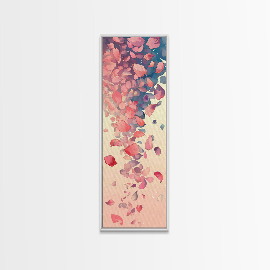 Cascading Pink Petals In Delicate Canvas, Tall Skinny Framed Wall Art For Feng Shui-Inspired Spaces, Japanese Style Art