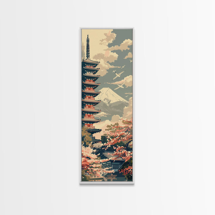 Japanese Pagoda With Mt Fuji And Cherry Blossoms – Framed Canvas Print Featuring Skinny Art Tall Art, Highlighting Ukiyo-E Art And Japanese Style Art