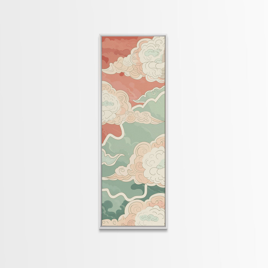 Traditional Japanese Cloud Design In Pastel Colors, Ukiyo-e Style Canvas, Framed Canvas Print, Tall Skinny Japanese Wall Art, Ready To Hang