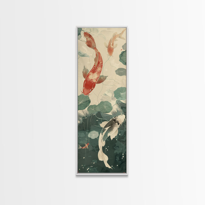 Koi Fish Swimming Among Lilypads In A Calm Pond – Framed Canvas Print Showcasing Skinny Art And Tall Art With Ukiyo-E Art And Japanese Style Art