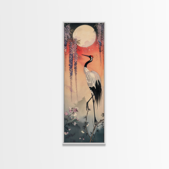 Japanese Crane With Moon And Wisteria - Skinny Art Tall Art Framed Canvas Print Japanese Style Art Ukiyo-e Art