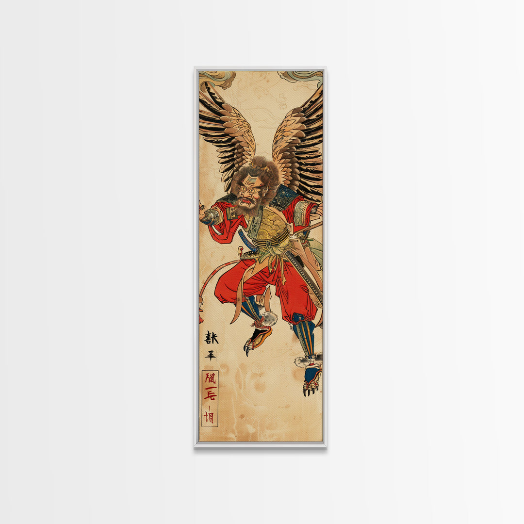 Samurai Warrior With Eagle Wings - Skinny Art Tall Art Framed Canvas Print Japanese Style Art Ukiyo-e Art