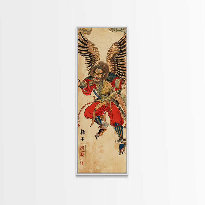 Samurai Warrior With Eagle Wings - Skinny Art Tall Art Framed Canvas Print Japanese Style Art Ukiyo-e Art