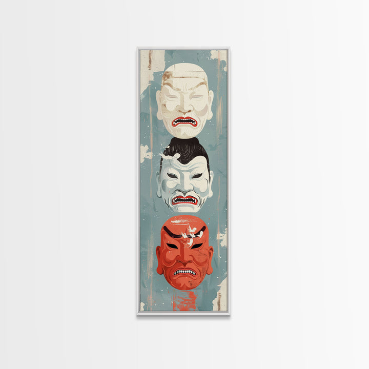 Japanese Masks In A Vertical Display - Skinny Art Tall Art Framed Canvas Print Japanese Style Art Ukiyo-e Art