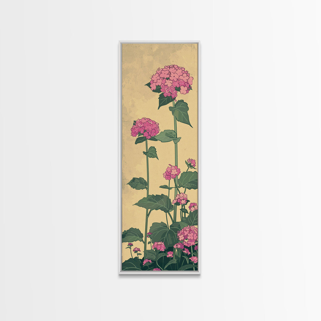 Pink Hydrangea Flowers In Bloom - Skinny Art Tall Art Framed Canvas Print Japanese Style Art Ukiyo-e Art