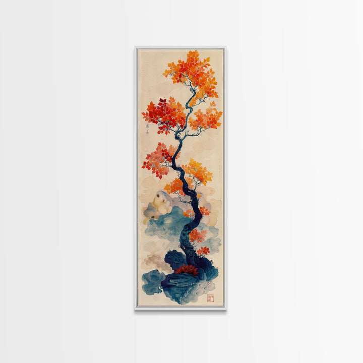 Japanese Maple Tree In Autumn Colors, Ukiyo-e Woodblock Print Style Canvas, Framed Canvas Print, Tall Skinny Japanese Wall Art, Ready To Hang