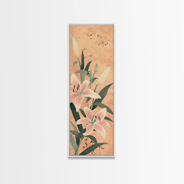Delicate Lily Flowers Blooming In Japanese Style Ukiyo-e Art Framed Canvas Print Skinny Art Tall Art