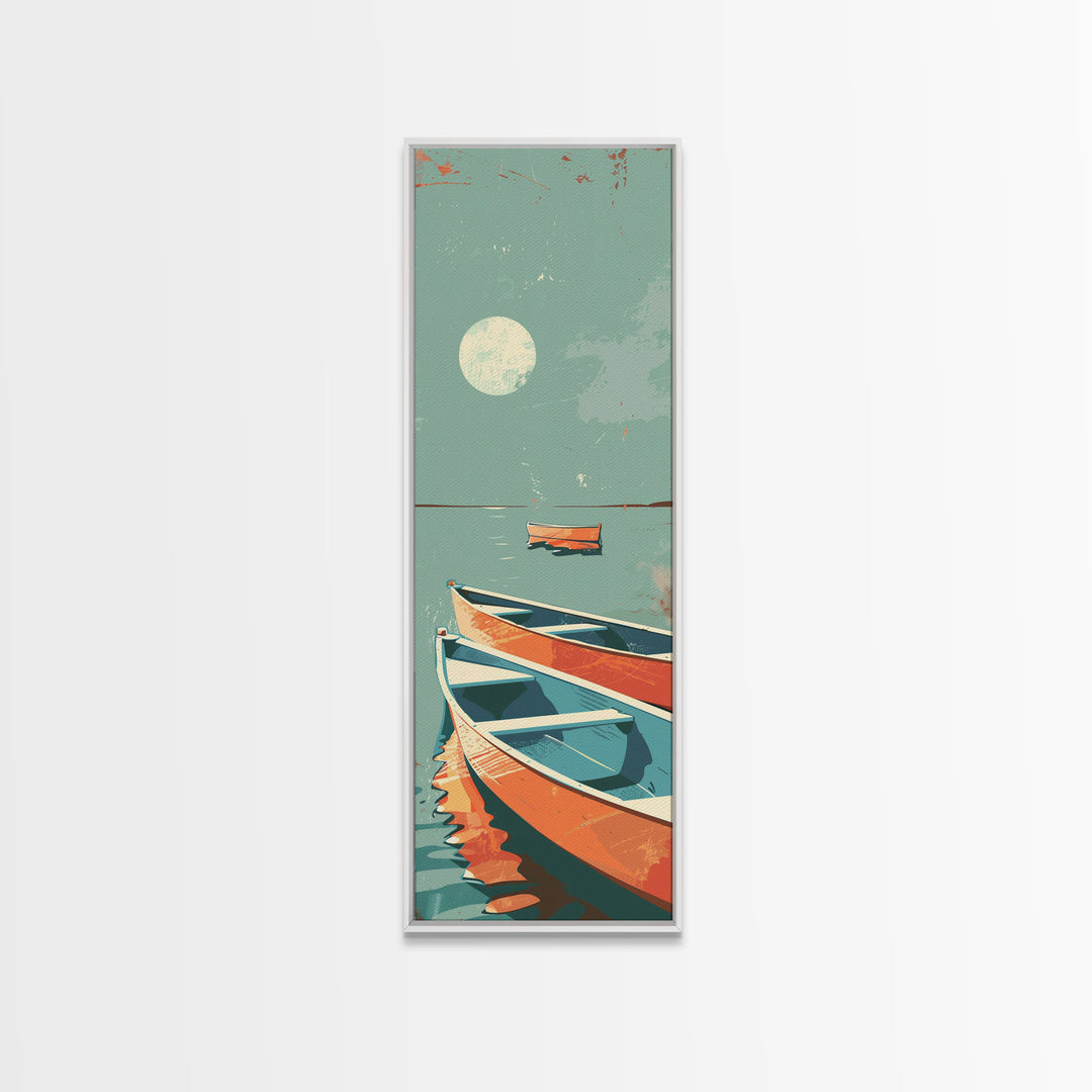 Moonlit Boats Drifting On Calm Waters In Japanese Style Ukiyo-e Art Framed Canvas Print Skinny Art Tall Art