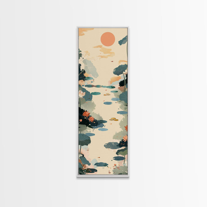 Tranquil Pond With Lotus Flowers And Leaves In Japanese Style Ukiyo-e Art Framed Canvas Print Skinny Art Tall Art