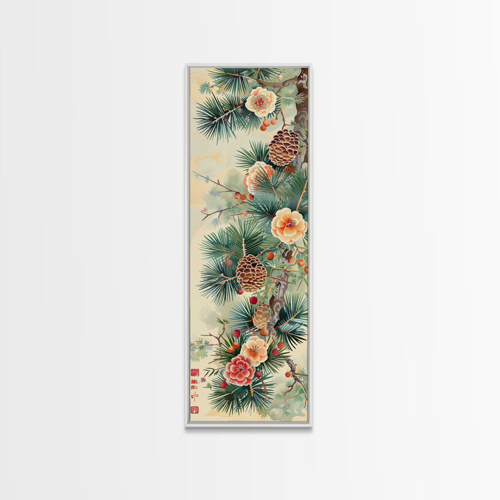 Pine Tree Branches With Blossoms And Pine Cones In Japanese Style Ukiyo-e Art Framed Canvas Print Skinny Art Tall Art
