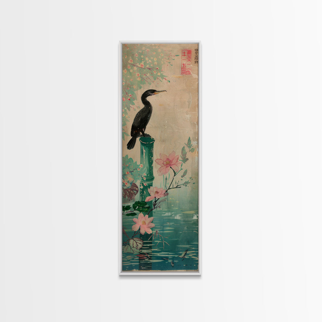 Tall Skinny Art Japanese Style Wood Block Print Bird Perched On Bamboo By A Pond With Flowers In Ukiyo-e Style For Framed Canvas Print