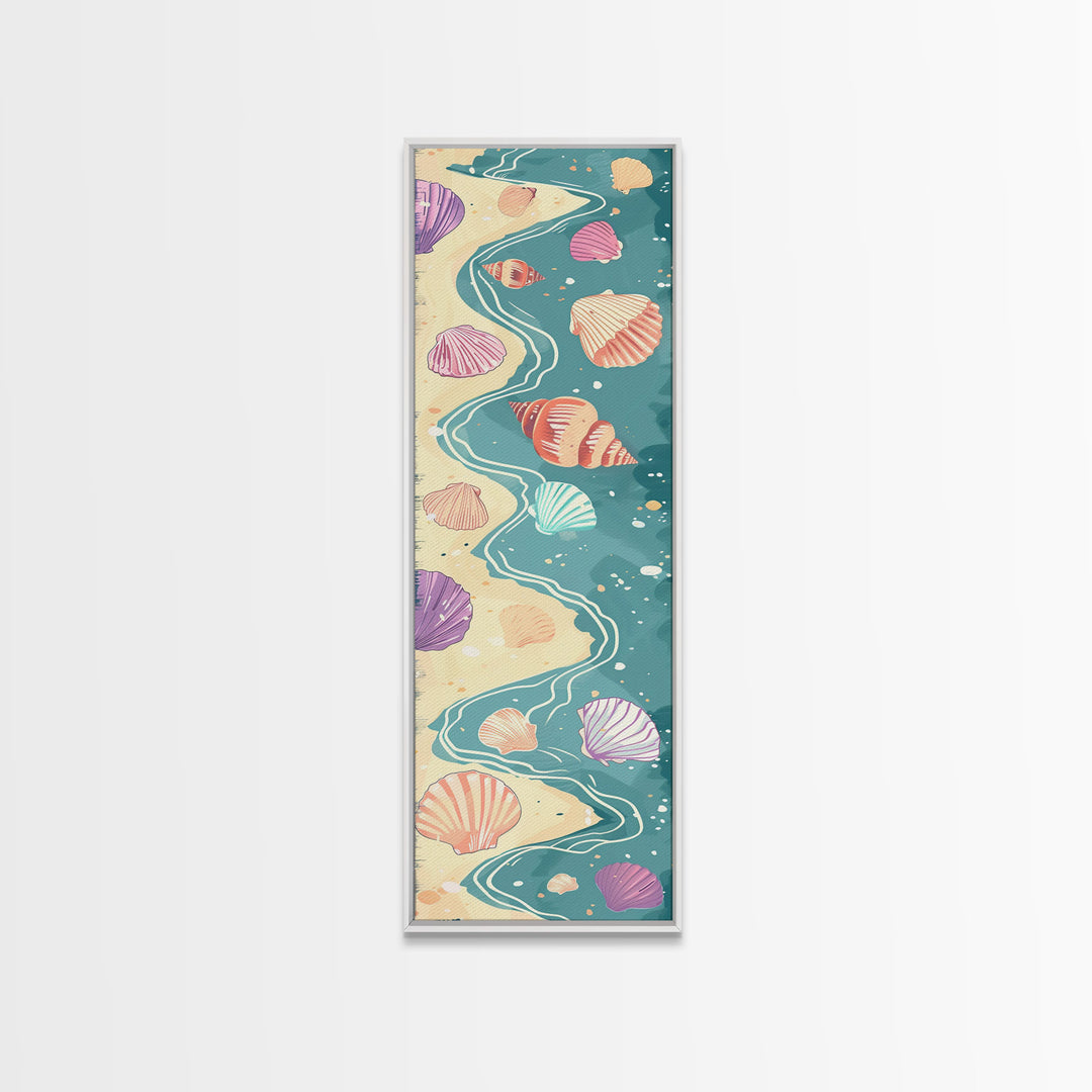 Shells On Shoreline Canvas In Ukiyo-e Style, Japanese Woodblock Print, Framed Canvas Print, Tall Skinny Japanese Wall Art, Ready To Hang