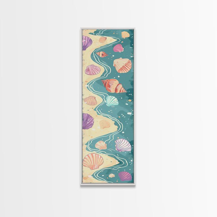 Shells On Shoreline Canvas In Ukiyo-e Style, Japanese Woodblock Print, Framed Canvas Print, Tall Skinny Japanese Wall Art, Ready To Hang