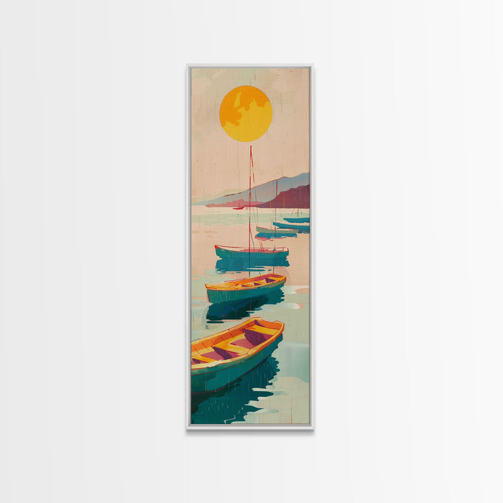 Rowboats And Golden Sun On Calm Water Skinny Art Wood Block Print Japanese Style Art Framed Canvas Print Tall Art Ukiyo-e Art