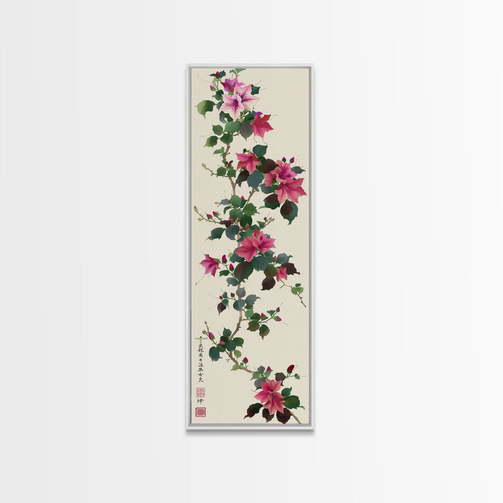 Pink Hibiscus Flowers On Branch Skinny Art Wood Block Print Japanese Style Art Framed Canvas Print Tall Art Ukiyo-e Art