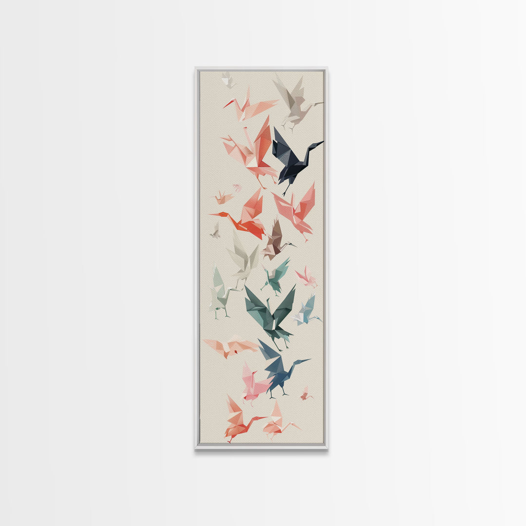 Origami Crane Birds Skinny Art Tall Art Japanese Ukiyo-e Inspired Framed Canvas Print Perfect for Modern Minimalist Spaces