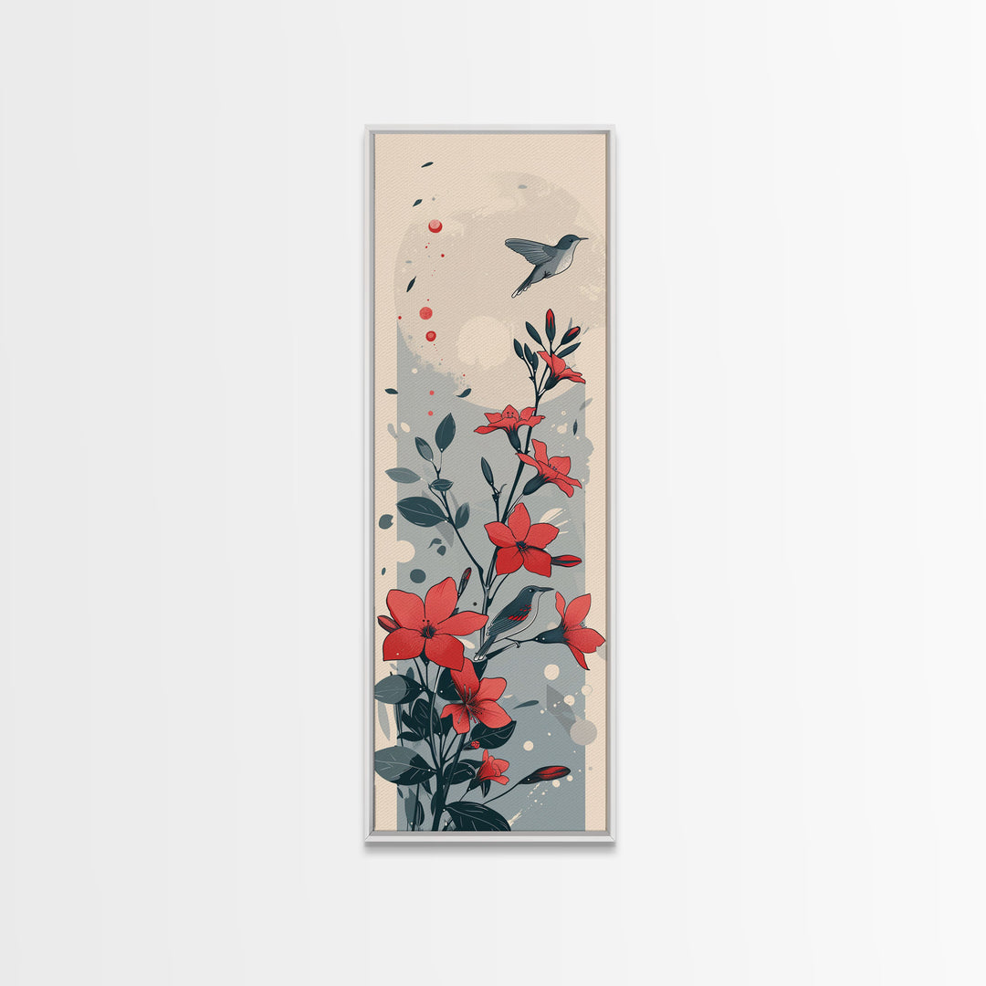 Hummingbird and Red Flowers Skinny Art Tall Art Japanese Ukiyo-e Inspired Nature Framed Canvas Print for Vibrant Interiors
