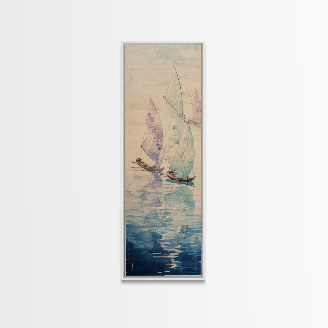 Sailboats On Calm Sea Canvas In Japanese Ukiyo-e Style, Traditional Woodblock Print, Framed Canvas Print, Tall Skinny Japanese Wall Art, Ready To Hang