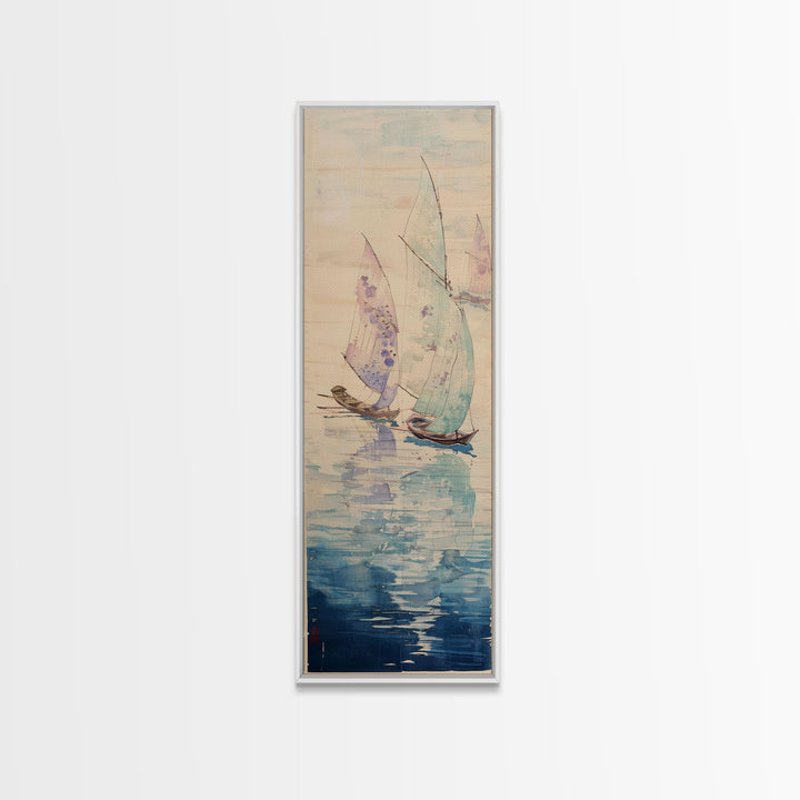 Sailboats On Calm Sea Canvas In Japanese Ukiyo-e Style, Traditional Woodblock Print, Framed Canvas Print, Tall Skinny Japanese Wall Art, Ready To Hang