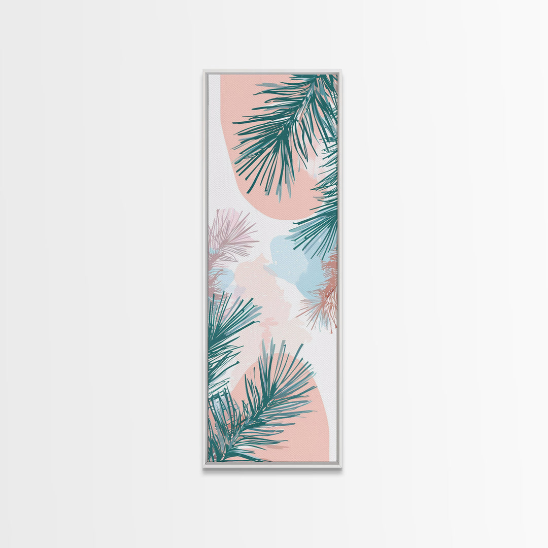 Elegant Pine Branches on Soft Pastel Background - Skinny Art, Japanese Wall Decor, Framed Canvas Print, Ukiyo-e Style