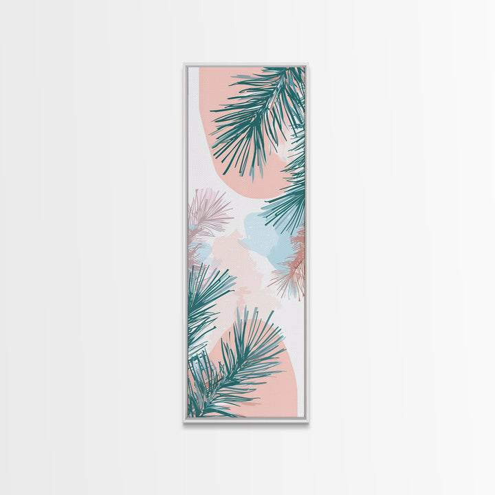Elegant Pine Branches on Soft Pastel Background - Skinny Art, Japanese Wall Decor, Framed Canvas Print, Ukiyo-e Style