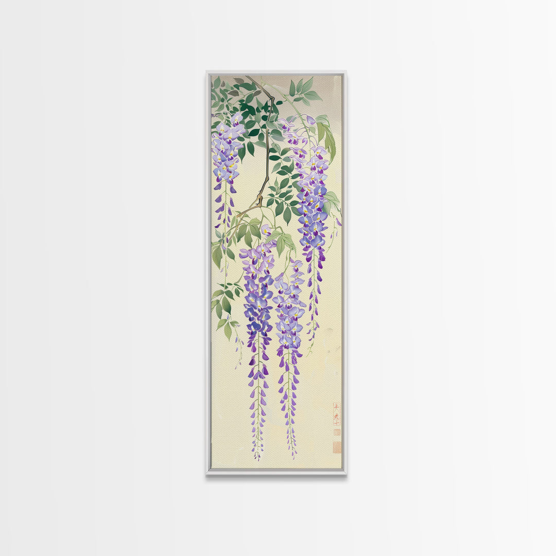Cascading Wisteria Blossoms in Shades of Purple and Green - Skinny Art, Japanese Wall Decor, Framed Canvas Print, Ukiyo-e Style