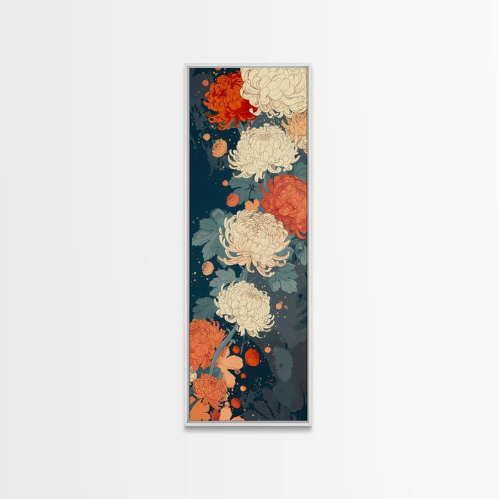 Blooming Chrysanthemums in Rich Autumn Colors - Skinny Art, Japanese Wall Decor, Framed Canvas Print, Ukiyo-e Style