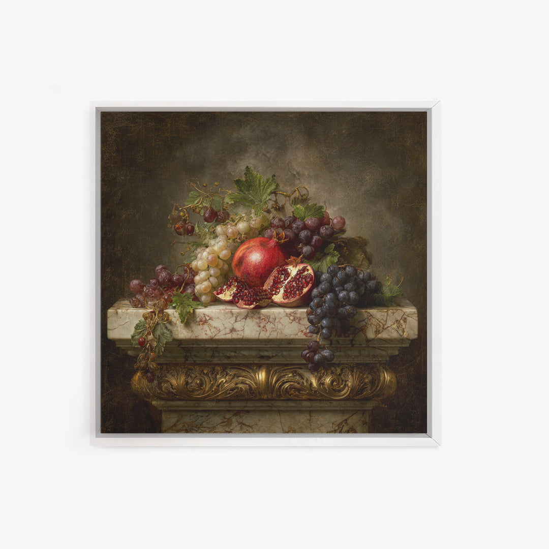 Pomegranate and Grapes on Marble Ledge Canvas Print, Renaissanceinspired Art, Celestial Decor, Living Room Decor, Classic, REN-1x1-17