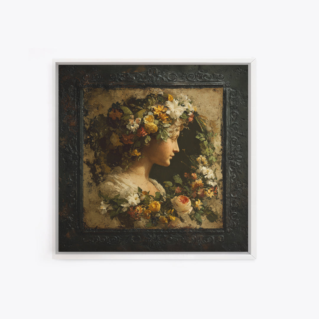 Floral Garland Surrounding a Classical Profile Canvas Print, Renaissanceinspired Art, Unique Wall Art, Living Room Decor, REN-1x1-22