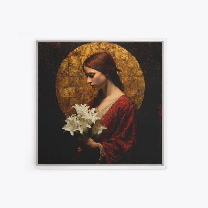 Saint Like Figure Holding White Lilies Framed Canvas Print, Renaissanceinspired Art, Floral Print, Living Room Decor, Classic, REN-1x1-37