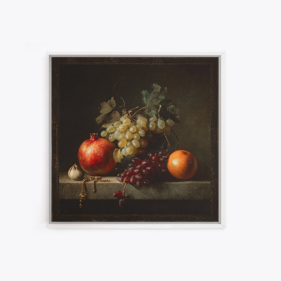 Oil Painted Fruit Still Life on Dark Canvas Print, Renaissanceinspired Art, Elegant Home Decor, Living Room Decor, Classic, REN-1x1-75