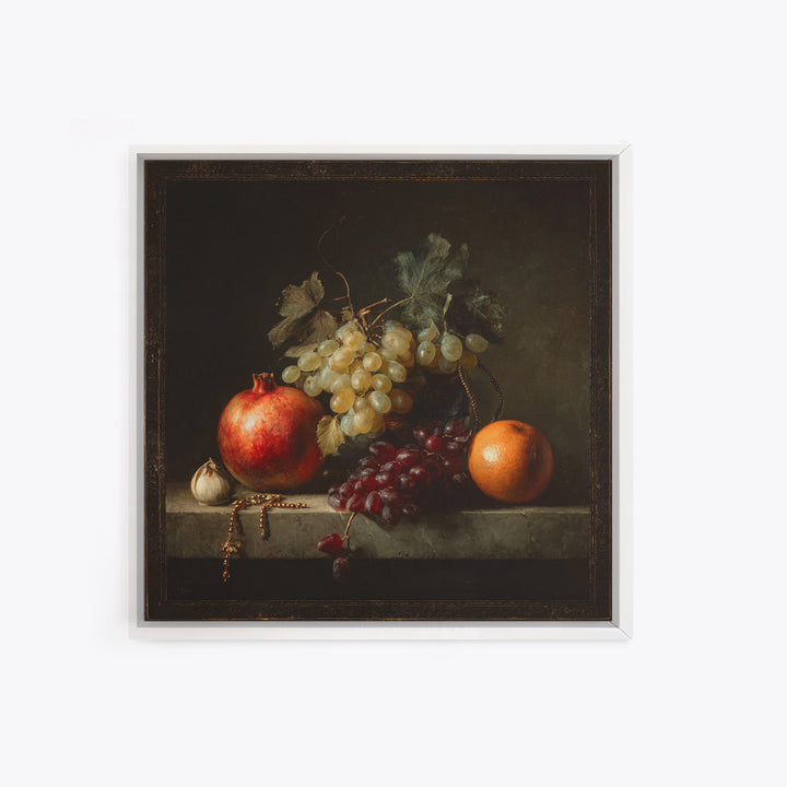 Oil Painted Fruit Still Life on Dark Canvas Print, Renaissanceinspired Art, Elegant Home Decor, Living Room Decor, Classic, REN-1x1-75