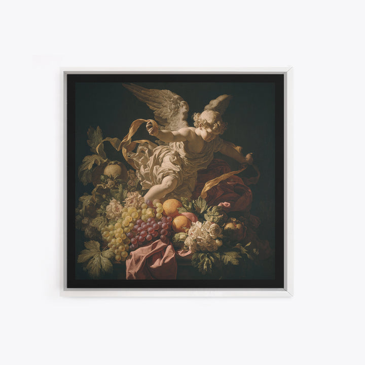 Cherub Holding a Ribbon Among Clouds Framed Canvas Print, Renaissanceinspired Art, Fantasy Decor, Living Room Decor, Classic, REN-1x1-78