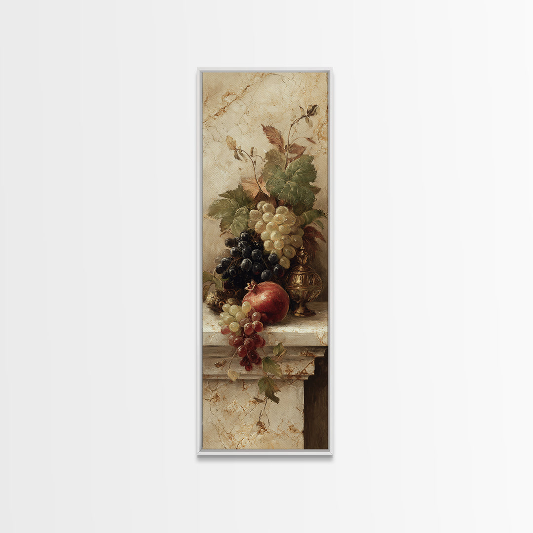Pomegranate and Grapes on Marble Ledge Framed Canvas Print, Renaissanceinspired Art, Cat Painting, Living Room Decor, Classic, REN-1x3-29