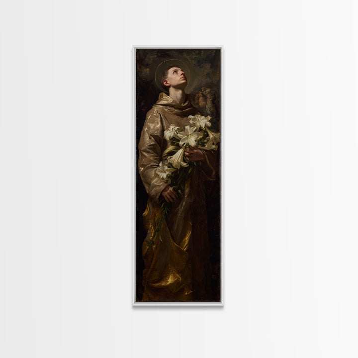 Saint Like Figure Holding White Lilies Canvas Print, Renaissanceinspired Art, Dog Portraits, Living Room Decor, Classic, REN-1x3-49
