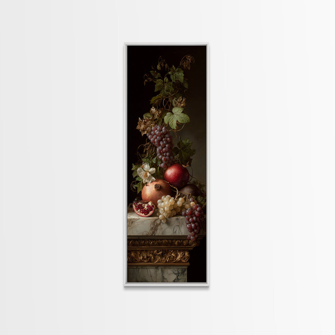 Pomegranate and Grapes on Marble Ledge Canvas Print, Renaissanceinspired Art, Celestial Decor, Living Room Decor, Classic, REN-1x3-5