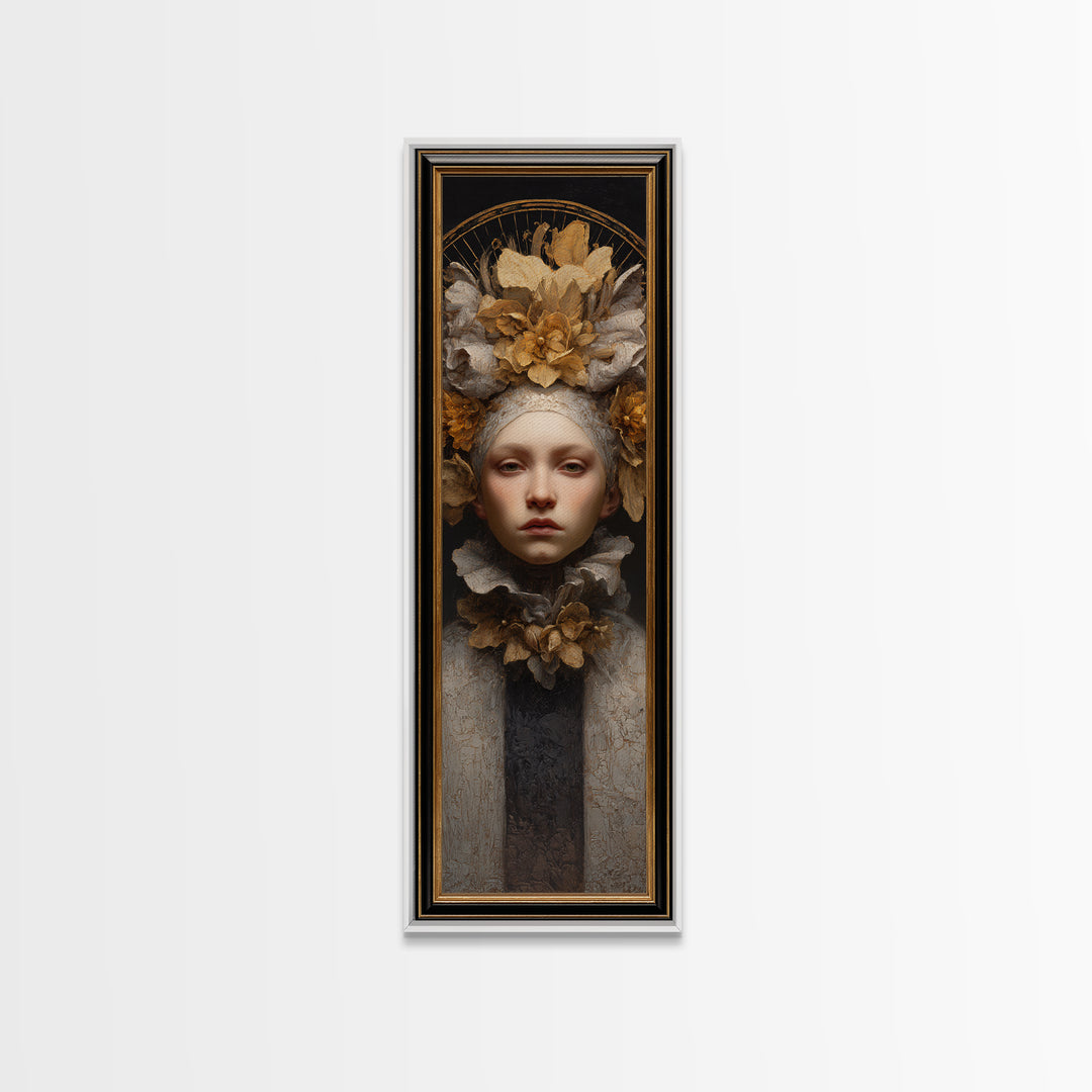 Gold Halo Portrait Canvas Print, Renaissanceinspired Art, Floral Painting, Living Room Decor, Oil Painting, Classic, Art Print, REN-1x3-65