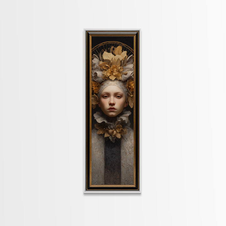 Gold Halo Portrait Canvas Print, Renaissanceinspired Art, Floral Painting, Living Room Decor, Oil Painting, Classic, Art Print, REN-1x3-65