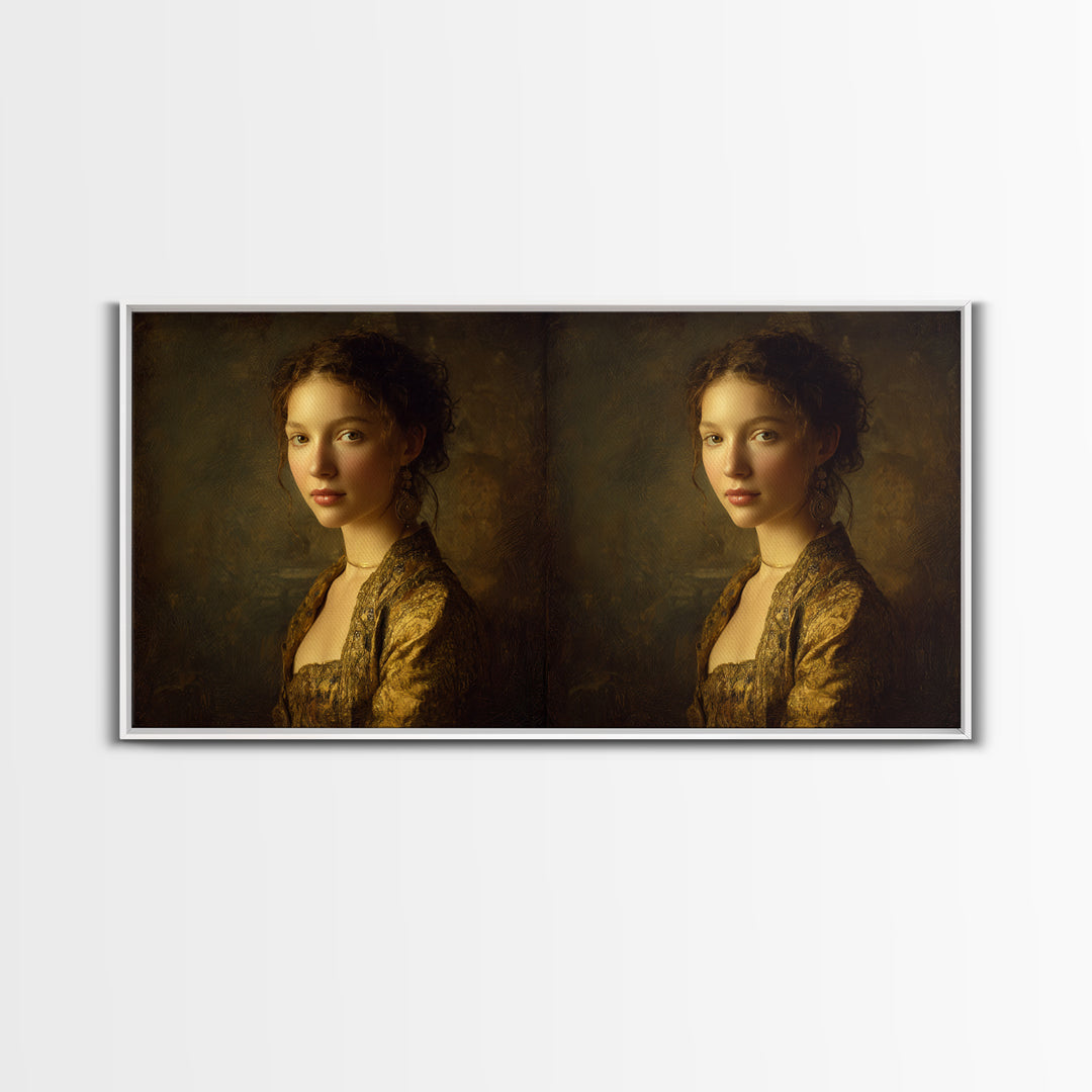 Gold Halo Portrait Framed Canvas Print, Renaissanceinspired Art, Neutral Decor, Living Room Decor, Fine Art, Classic, REN-2x1-1