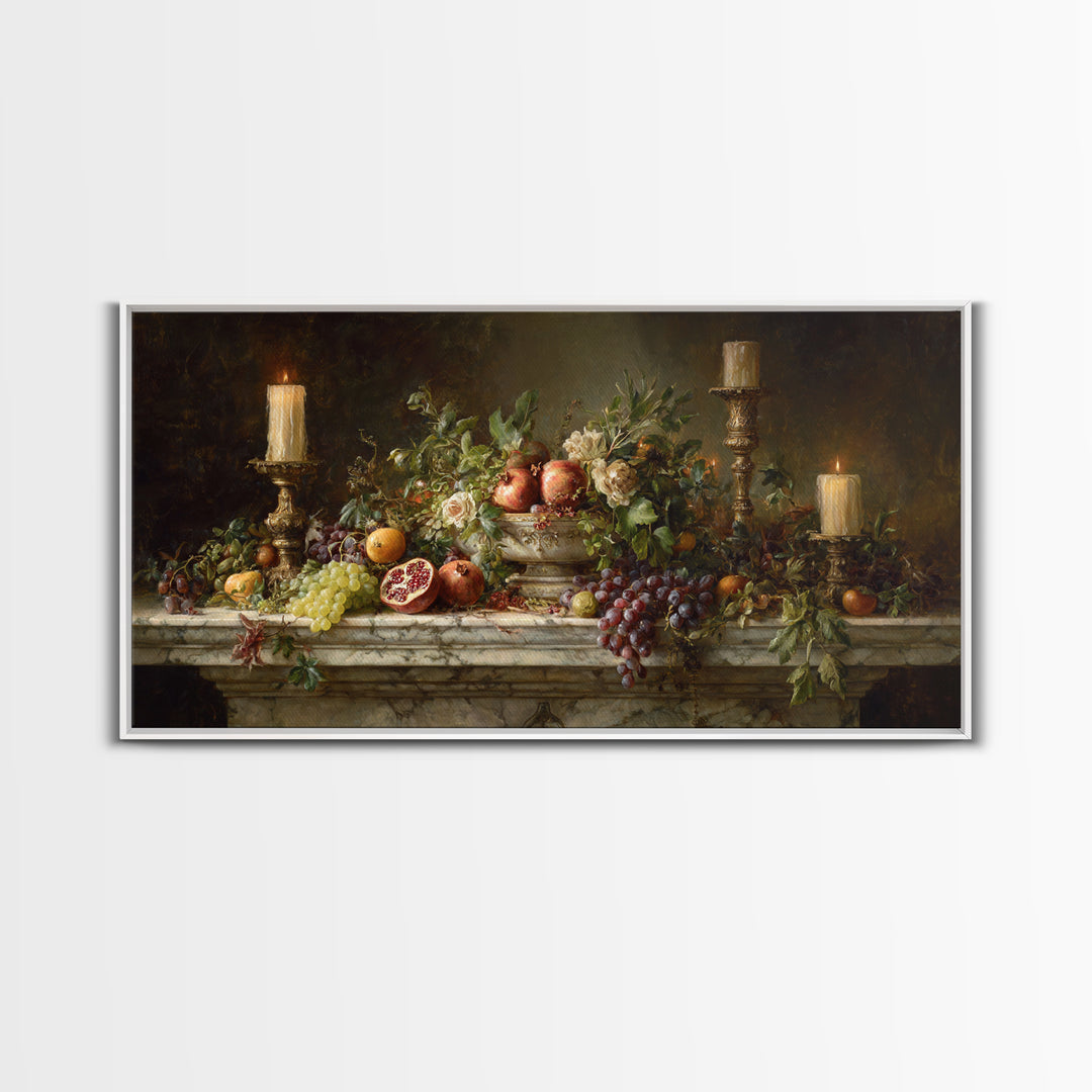 Pomegranate and Grapes on Marble Ledge Framed Canvas Print, Renaissanceinspired Art, Home Decor, Living Room Decor, Classic, REN-2x1-13